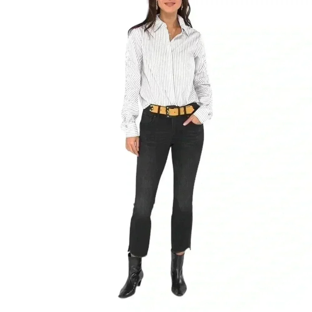CAbi Linear Shirt Classic Black White Stripe Long Ruched Sleeves size M - Picture 7 of 8